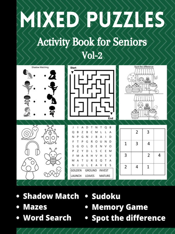 Mixed puzzles activity book for seniors