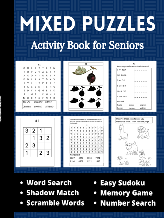 Mixed puzzles activity book for seniors